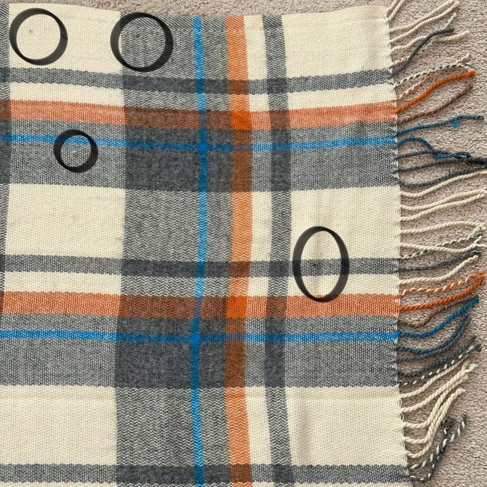 Oversized Fall Plaid Cozy Heavyweight Blanket Scarf - Cream Orange Blue Grey